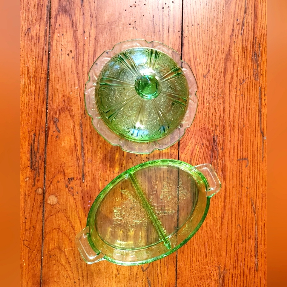 Vintage green glass serving dishes